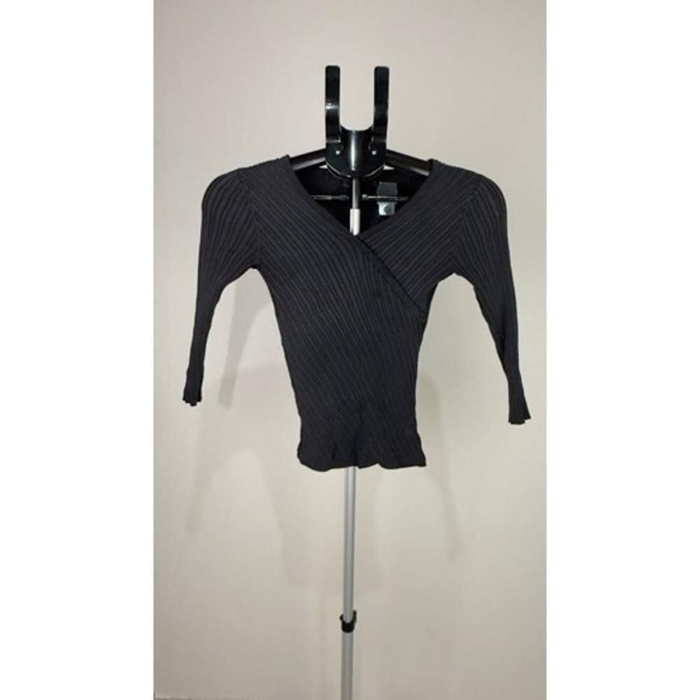 Style & Co Black Ribbed Wrap V Neck Long Sleeve Top Women's Size P